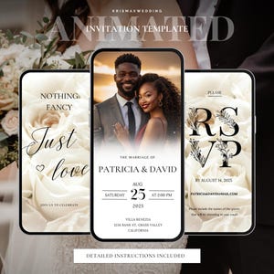 May include: Animated wedding invitation template with a floral background. The invitation features a photo of a couple, the text "The Marriage of Patricia & David", the date "August 25, 2025", the time "At 2:00 PM", the location "Villa Benezia 1234 Bank St, Grass Valley California", and the RSVP information.
