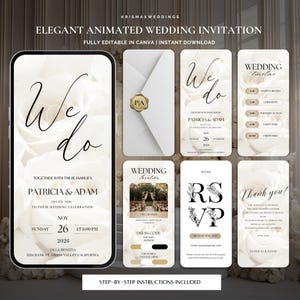 May include: Elegant animated wedding invitation template with a floral background. The design includes multiple cards with the words "We do", RSVP information, and a wedding timeline. The invitation is fully editable in Canva.