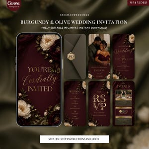 May include: A digital wedding invitation template in burgundy and olive green. The design includes a smartphone mockup with floral accents, an envelope, and various card layouts with event details. Text includes "You're Cordially Invited" and "RSVP".