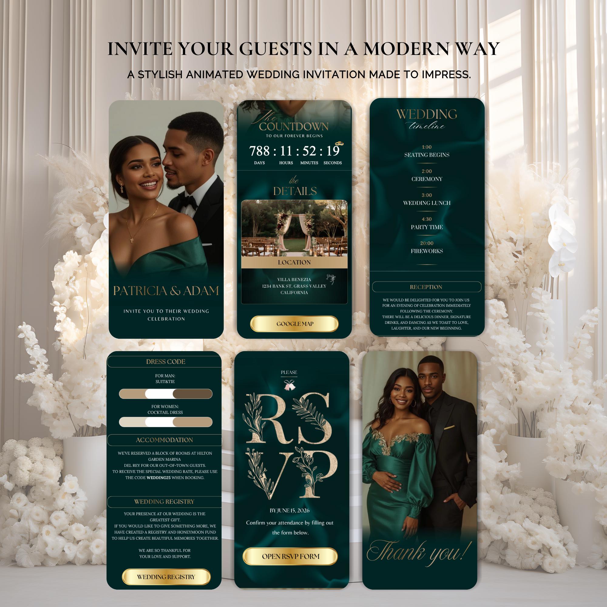 Animated Wedding Invitation With Clickable RSVP, Emerald Green Luxury ...