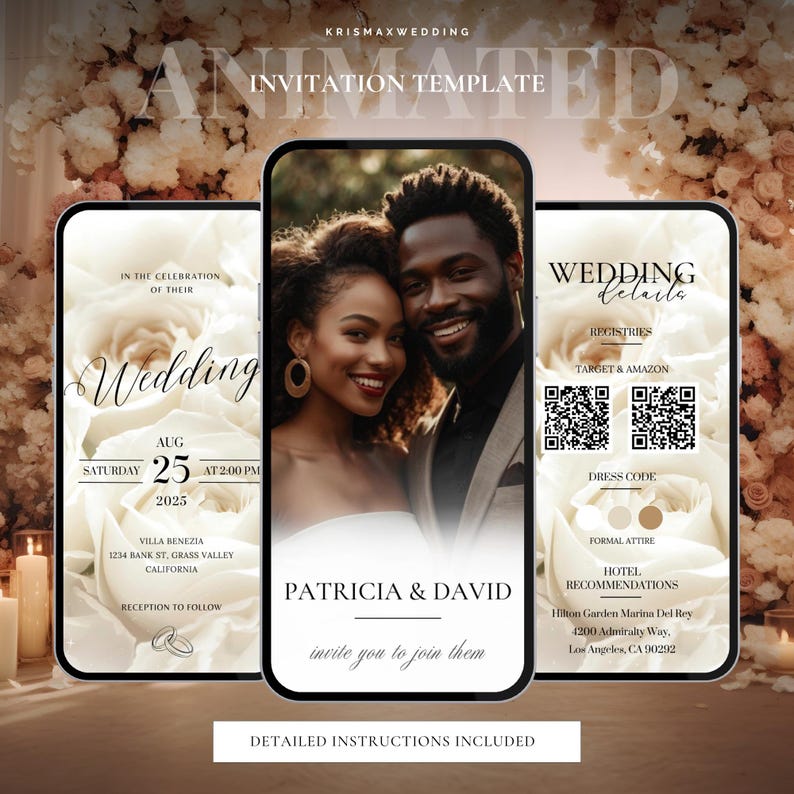 May include: A wedding invitation template with a floral background. The template includes a photo of a couple, the wedding date, location, and details about the reception. The text "Wedding Details" is at the top of the template, and the text "Detailed Instructions Included" is at the bottom.