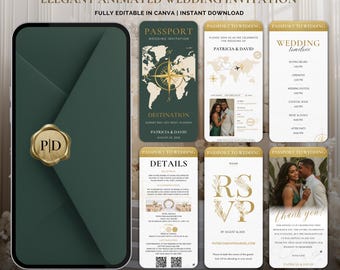 Ensemble de faire-part de mariage passeport | Modèle animé de mariage à destination | Invitation Digital Canvas, chronologie et détails