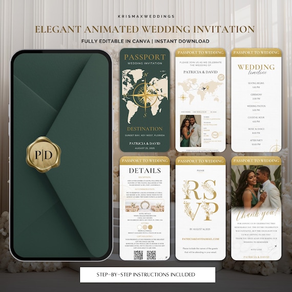 Passport Wedding Invitation Set | Animated Destination Wedding Template | Digital Canva Invite, Timeline & Details