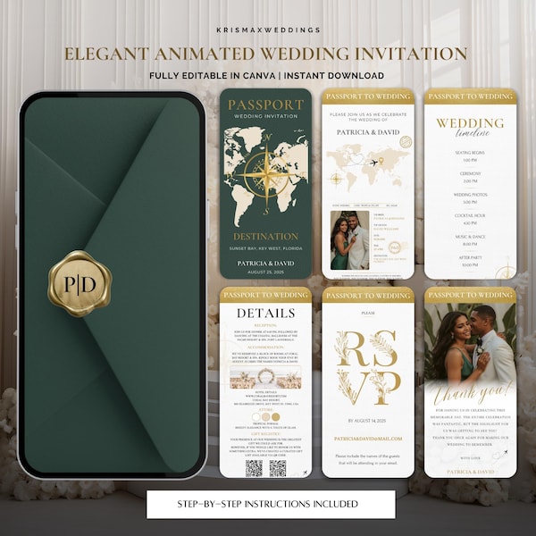 Passport Wedding Invitation Set | Animated Destination Wedding Template | Digital Canva Invite, Timeline & Details