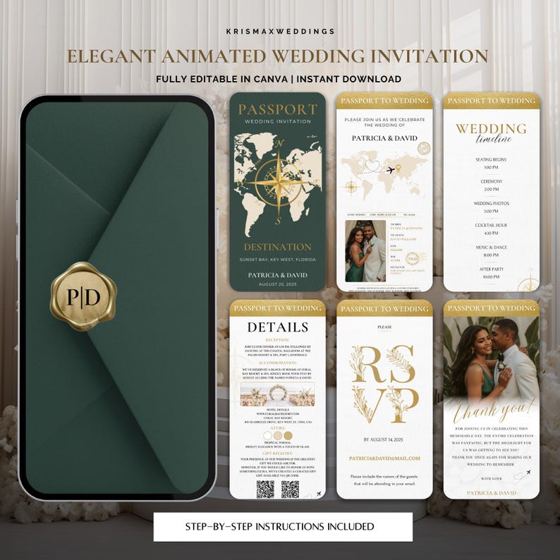May include: An elegant animated wedding invitation design with a dark green background. The design includes a passport-themed invitation, RSVP card, and wedding timeline. The text includes "Elegant Animated Wedding Invitation" and "Fully Editable in Canva | Instant Download."