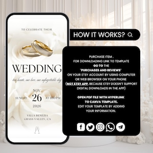 May include: A digital wedding invitation template displayed on a smartphone screen featuring two gold rings over white roses. The text reads: TO CELEBRATE THEIR WEDDING, two hearts, one love, one unforgettable day, NOV 26 2026, VILLA BENEZIA, GRASS VALLEY, CA.
