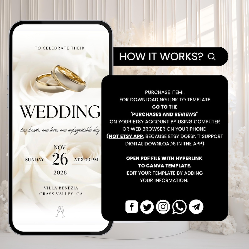 May include: A digital wedding invitation template displayed on a smartphone screen featuring two gold rings over white roses. The text reads: TO CELEBRATE THEIR WEDDING, two hearts, one love, one unforgettable day, NOV 26 2026, VILLA BENEZIA, GRASS VALLEY, CA.