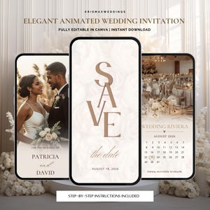 Può includere: Elegante invito di nozze animato visualizzato su tre smartphone. Il design include una coppia, le parole "SAVE the date" e una location per matrimoni. Il testo recita "ELEGANT ANIMATED WEDDING INVITATION" e "FULLY EDITABLE IN CANVA | INSTANT DOWNLOAD".