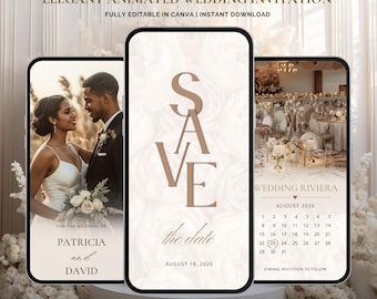 Elegant Neutral Wedding Save the Date Invitation | Animated Digital Wedding Evite Canva Template | Minimalist Beige Editable Template