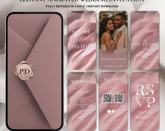Animated Wedding Invitation Template Blush Pink Elegant Design Editable in Canva Digital Video Invite Set with Details Download