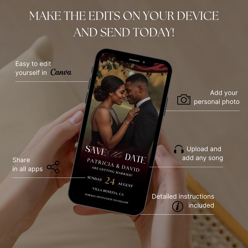 K&ouml;nnte beinhalten: Ein Smartphone zeigt eine Hochzeitseinladung mit dem Text "Save the Date". Die Einladung enth&auml;lt ein Foto eines Paares und Details zur Veranstaltung. Der Text "Make the edits on your device and send today!" ist ebenfalls zu sehen.
