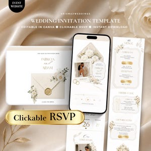 Könnte beinhalten: Ein digitales Hochzeitseinladungs-Vorlagenset mit einem Tablet und Smartphone, die elegante cremefarbene Schreibwaren mit Blumenakzenten, goldenen Wachssiegeln und Text einschließlich Patricia und Adam, Veranstaltungsdetails und anklickbaren RSVP-Schaltflächen anzeigen.