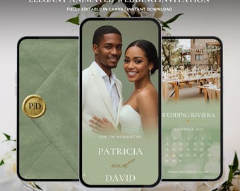 May include: An elegant animated wedding invitation displayed on three smartphones. The central phone features a couple, with the text "For the Wedding of Patricia and David." The other phones show an envelope and a wedding date.