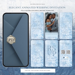 May include: An elegant animated wedding invitation design. The invitation features a blue envelope with a gold seal, and several cards with a winter theme. The cards include text such as "You're Cordially Invited" and "Wedding".