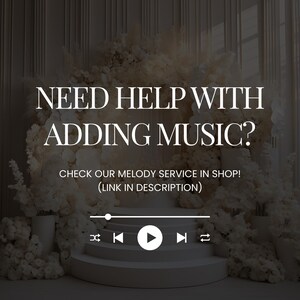 K&ouml;nnte beinhalten: Werbebild mit dem Text "NEED HELP WITH ADDING MUSIC?" und "CHECK OUR MELODY SERVICE IN SHOP! (LINK IN DESCRIPTION)". Das Bild zeigt eine wei&szlig;e B&uuml;hne mit einer Musikplayer-Grafik und einem Hintergrund aus wei&szlig;en Blumenarrangements.