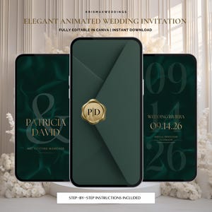 May include: Elegant animated wedding invitation displayed on three smartphones. The invitations feature a dark green background with gold text and a gold wax seal. The text includes the names "Patricia & David", wedding date, and "Elegant Animated Wedding Invitation".