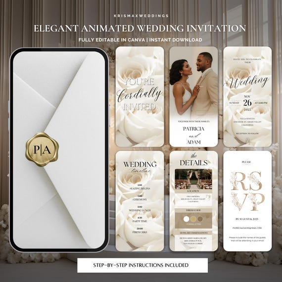 Animated Wedding Invitation, Elegant White Rose Digital Wedding Video,Canva Template for Modern Neutral Wedding,Editable Mobile  eInvite