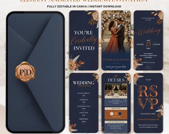 Animated Wedding Invitation Template | Navy & Terracotta Fall Canva Invite | Elegant Digital Wedding Video Editable