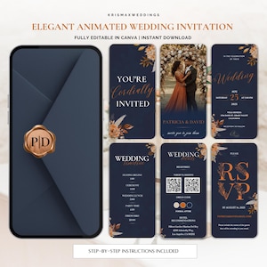 May include: An elegant animated wedding invitation design with a navy blue background and gold accents. The design includes the text "You're Cordially Invited" and "Wedding". The invitation is fully editable in Canva and available for instant download.
