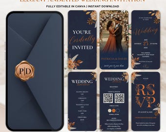 Convite de casamento elegante em tons de azul marinho e terracota com animação | Convite digital editável para casamento de outono no Canva | Convite para casamento formal de outono