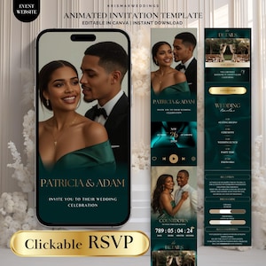 May include: An animated wedding invitation template for Canva featuring a dark emerald green color scheme. The design includes a digital mobile interface displaying a couple, event details, a wedding timeline, a countdown timer, and a clickable RSVP button.