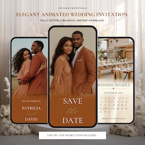 May include: Elegant animated wedding invitation design. The design features three smartphone mockups with photos of a couple, a wedding reception, and a calendar. The text includes "Save the Date", "Wedding Riviera", and "Fully Editable in Canva".