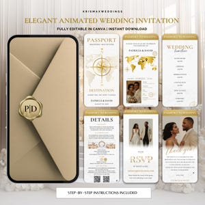 Puede incluir: Una elegante invitación de boda animada con temática de pasaporte. El diseño incluye un sello dorado con las iniciales "PD" y detalles de la boda de Patricia y David. La invitación es totalmente editable en Canva y de descarga instantánea.