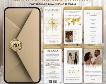Plantilla elegante de invitación de boda con formato pasaporte, video de invitación animada para boda de destino, plantilla digital de Canva para bodas con temática de viajes.