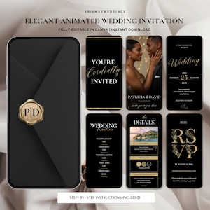 Modern Black and Gold Animated Wedding Invitation Template Luxury Digital Wedding Video Invite Editable Canva Wedding Card Instant Download