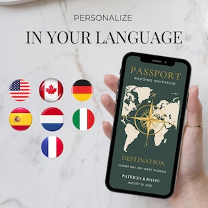 May include: A smartphone displays a passport-themed wedding invitation with a world map and compass rose. The text reads "Passport Wedding Invitation" and "Destination: Sunset Bay, Key West, Florida." Flags of several countries are shown.