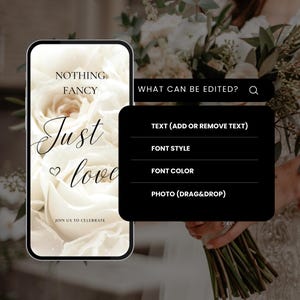 May include: A phone screen mockup with a white rose background and the text "Nothing Fancy Just Love" in black script font. The text "Join Us To Celebrate" is below the main text. A black box on the right side of the screen says "What Can Be Edited?" with a magnifying glass icon. Below the question, there are four options: "Text (Add or Remove Text)", "Font Style", "Font Color", and "Photo (Drag & Drop)".