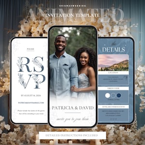 Floral Dusty Blue Minimalist Animated Wedding Invitation Template, Custom Video Wedding Invite with RSVP & Schedule Editable Canva Template