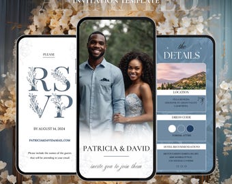 May include: A blue and white animated wedding invitation template with a couple's photo, RSVP details, and the wedding location, dress code, and hotel recommendations. The text says "Please RSVP by August 14, 2024" and "Patricia & David invite you to join them".