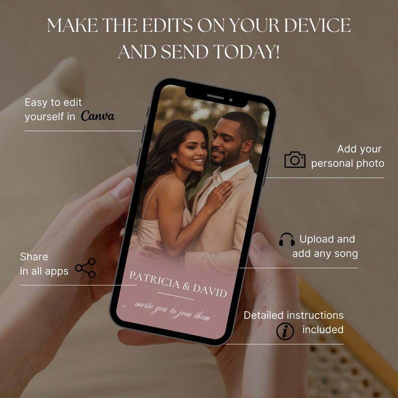 Może przedstawiać: Smartfon wyświetla zaproszenie ślubne ze zdjęciem pary. Tekst na ekranie brzmi "PATRICIA & DAVID zapraszają Cię do dołączenia do nich." Dodatkowy tekst to "Zr&oacute;b edycje na swoim urządzeniu i wyślij dzisiaj!" oraz "Łatwe do edycji samodzielnie w Canva."
