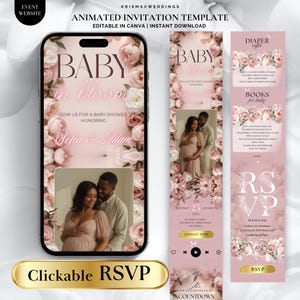 Può includere: Un modello digitale di invito a un baby shower con un design floreale rosa. L'invito presenta il testo "BABY in bloom" e "Unisciti a noi per un baby shower in onore di Sofia & Adam". Include una foto di una coppia e un pulsante RSVP cliccabile.