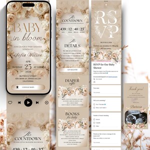 May include: Baby shower invitation suite featuring a floral design with the words "Baby in Bloom." The suite includes a phone screen, RSVP card, and thank you card. The invitation includes the date, time, and location.