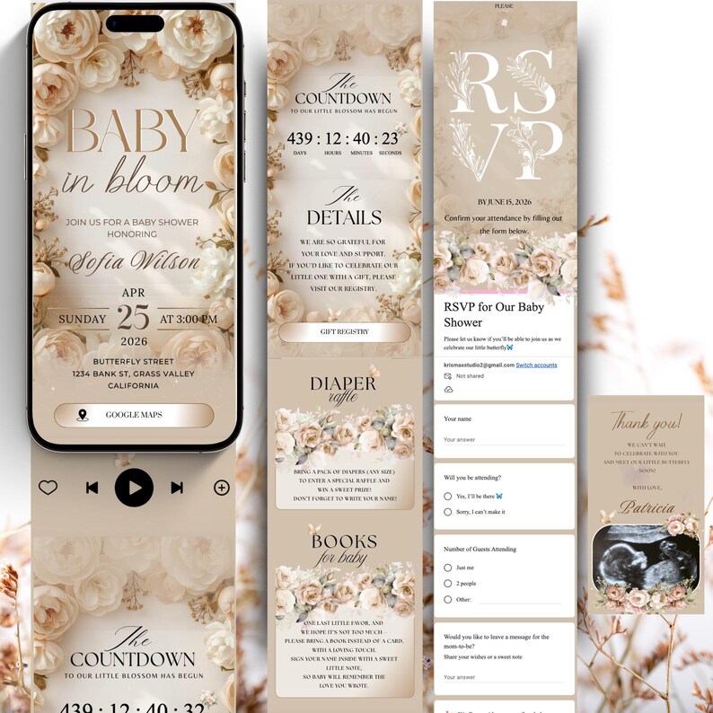 May include: Baby shower invitation suite featuring a floral design with the words "Baby in Bloom." The suite includes a phone screen, RSVP card, and thank you card. The invitation includes the date, time, and location.