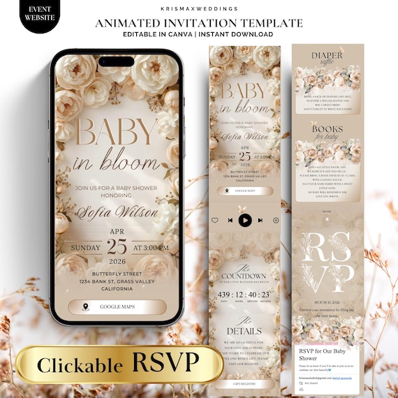Animated Baby Shower Invitation with Trackable RSVP, Gender Neutral Baby in Bloom Canva Template, Editable Digital Invite