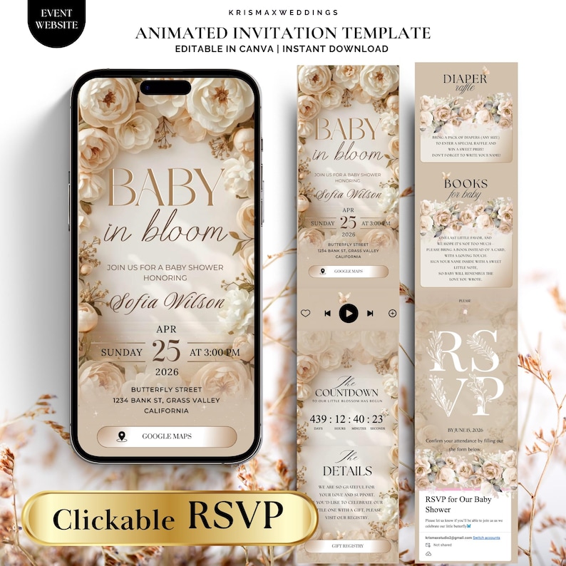 Animated Baby Shower Invitation with Trackable RSVP, Gender Neutral Baby in Bloom Canva Template, Editable Digital Invite image 1