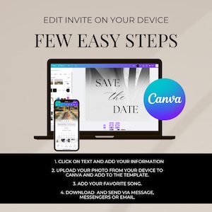 May include: A laptop and a smartphone screen showing a wedding invitation template on Canva. The template says "Save the Date" and has a black and white photo of a couple. The text on the screen says "Edit Invite on Your Device" and "Few Easy Steps".