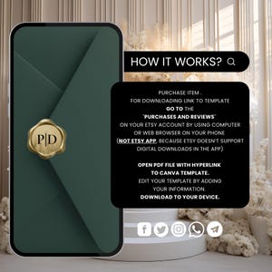 May include: A digital product mockup featuring a dark green envelope design with a gold wax seal. The image includes text explaining how to download and edit the template using Canva. Social media icons are at the bottom.