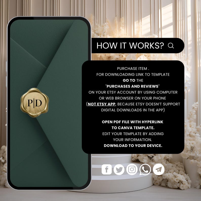 May include: A digital product mockup featuring a dark green envelope design with a gold wax seal. The image includes text explaining how to download and edit the template using Canva. Social media icons are at the bottom.