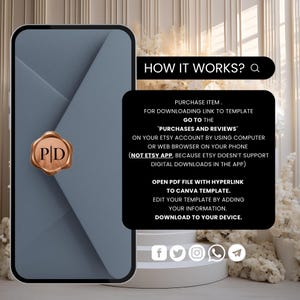 Puede incluir: Una plantilla de producto digital que se muestra en la pantalla de un tel&eacute;fono inteligente. La plantilla presenta un dise&ntilde;o de sobre gris con un sello dorado. El texto en la pantalla explica c&oacute;mo descargar y editar la plantilla con Canva. Hay iconos de redes sociales en la parte inferior.