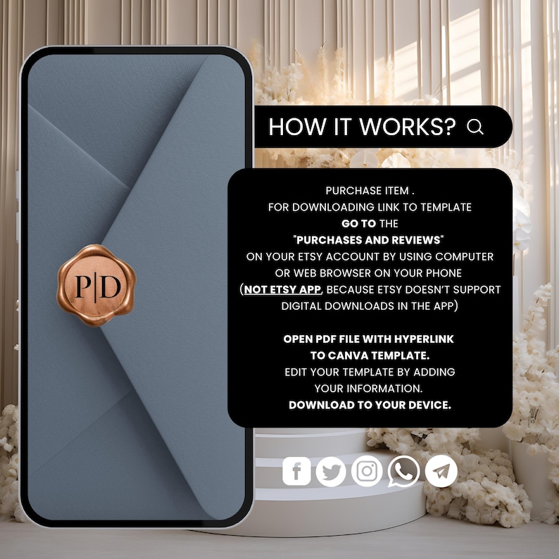 Puede incluir: Una plantilla de producto digital que se muestra en la pantalla de un tel&eacute;fono inteligente. La plantilla presenta un dise&ntilde;o de sobre gris con un sello dorado. El texto en la pantalla explica c&oacute;mo descargar y editar la plantilla con Canva. Hay iconos de redes sociales en la parte inferior.