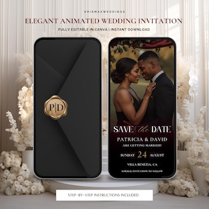 K&ouml;nnte beinhalten: Eine elegante animierte Hochzeitseinladung, die auf zwei Smartphones angezeigt wird. Eines zeigt einen schwarzen Umschlag mit einem goldenen Siegel, das andere ein Paar mit dem Text "Save the Date". Der Text enth&auml;lt "Patricia & David" und das Datum.