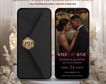 Könnte beinhalten: Eine elegante animierte Hochzeitseinladung, die auf zwei Smartphones angezeigt wird. Eines zeigt einen schwarzen Umschlag mit einem goldenen Siegel, das andere ein Paar mit dem Text "Save the Date". Der Text enthält "Patricia & David" und das Datum.