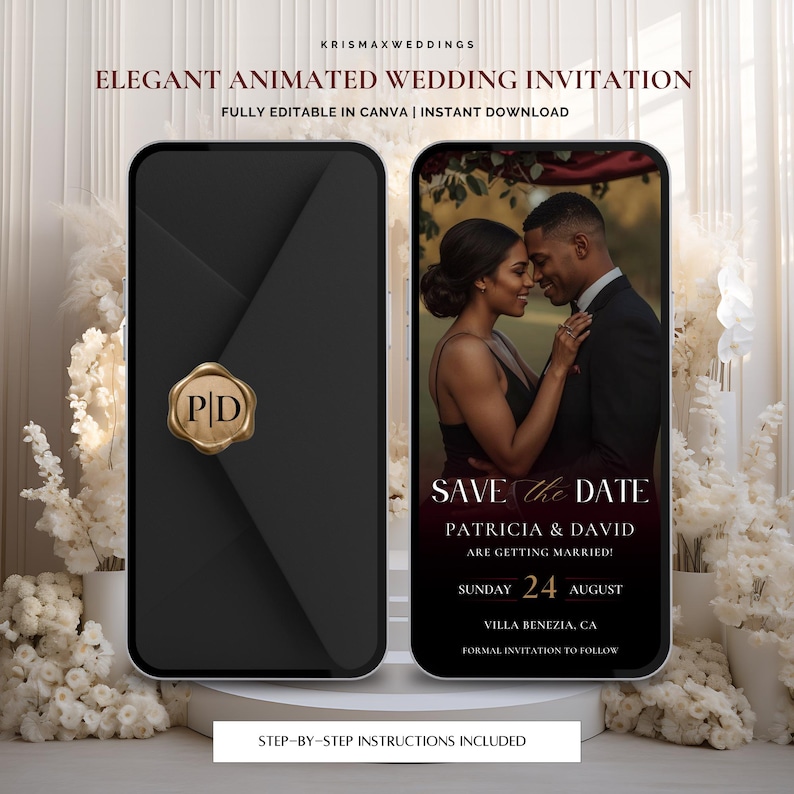 K&ouml;nnte beinhalten: Eine elegante animierte Hochzeitseinladung, die auf zwei Smartphones angezeigt wird. Eines zeigt einen schwarzen Umschlag mit einem goldenen Siegel, das andere ein Paar mit dem Text "Save the Date". Der Text enth&auml;lt "Patricia & David" und das Datum.