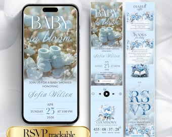 Animated Baby Shower Invitation, Blue Baby in Bloom Invite with Trackable RSVP & Links, Canva Template