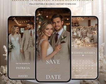 May include: Elegant animated wedding invitation displayed on three smartphones. The design features a couple, wedding details, and the text "Save the Date." The invitation is fully editable in Canva and available for instant download.
