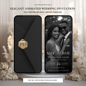 May include: Elegant animated wedding invitation displayed on two smartphones. One shows a black envelope with a gold seal, the other a black and white photo of a couple. Text includes "Save the Date" and wedding details.